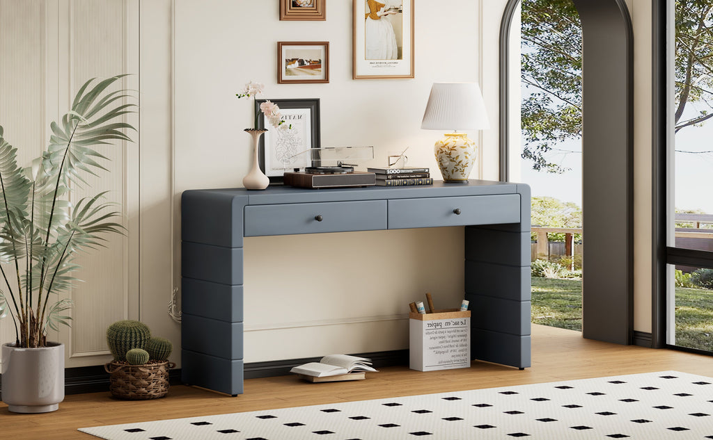 TREXM Curved Console Table with Storage, Wooden Entryway Table with 2 Drawers, Farmhouse Rustic Console Tables for Entryway, Hallway, Living Room, Navy