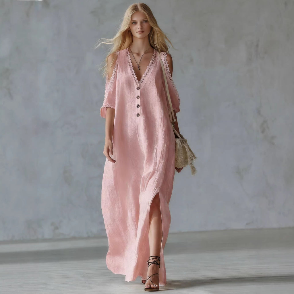 Women's Lace-Trim Loose A-Line Dress – Three-Quarter Sleeve Maxi