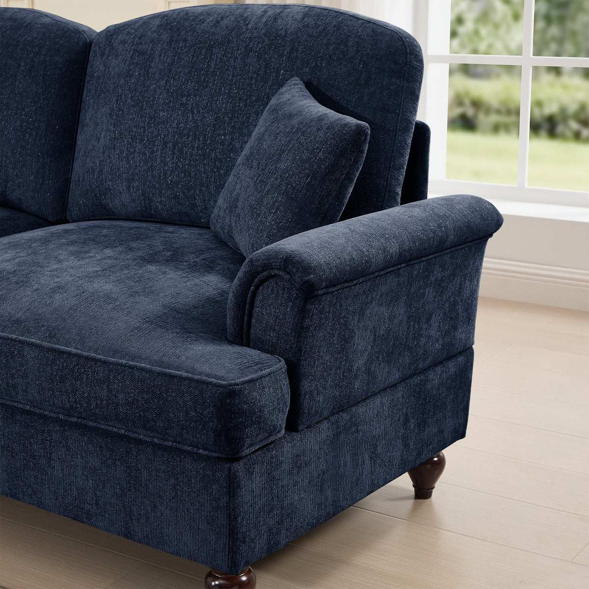 Elegant Mid Century Large 3 Seater Sofa Couch with Flared Arms and Removable Ruffles Pleats Skirts and Spindle Legs, Comfy Chenille Three-Seat Sofa for Living Room, Blue