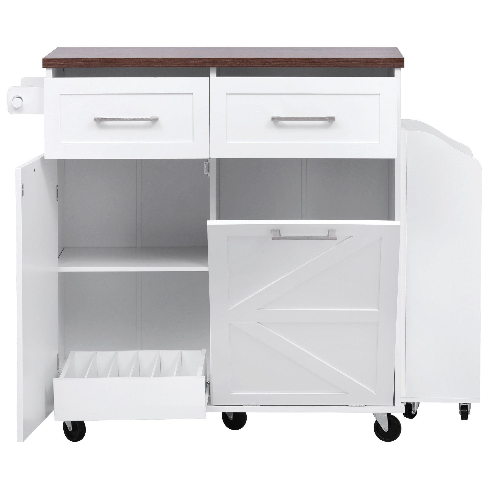 K&K 47.2' Farmhouse Kitchen Island with Drop Leaf, Kitchen Storage Island with Removable Side Racks, Two Drawers, Rolling Kitchen Cart on Wheels with Towel Rack, for Home, Kitchen, Dining Room, White