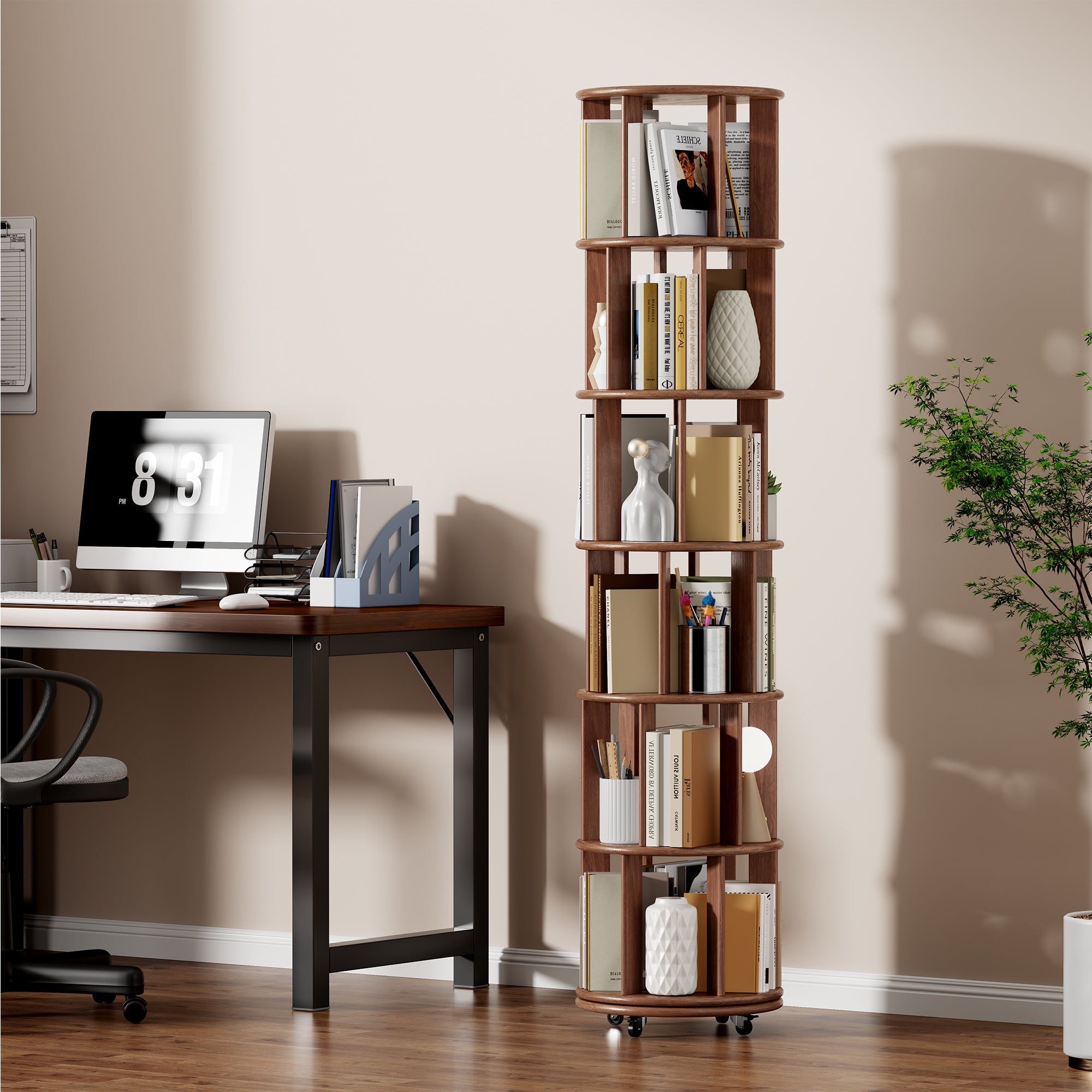 100%Solid Wood Rotating Bookshelf on Wheels, 6 Tier, Round Revolving Bookcase, 360° Spinning Book Shelf Tower for Kids, Narrow Rolling Bookshelves for Small Space, Corner, Bedroom, Office, Walnut