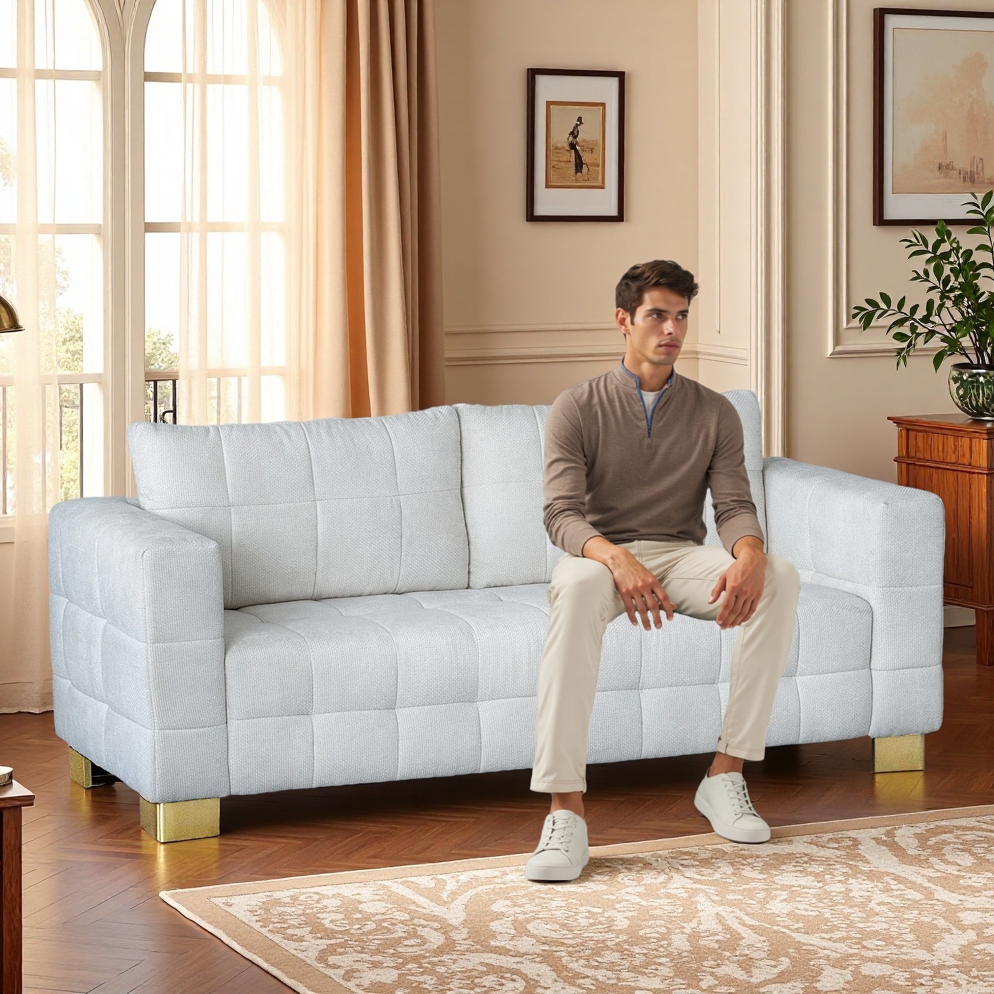 FX-P54-BE SOFA  Contemporary Beige Chenille Couch, Deep-Seat 3-Person Sofa with Wide Armrests & Brushed Stainless-Steel Block Legs Soft Upholstered Sofa for Living Room