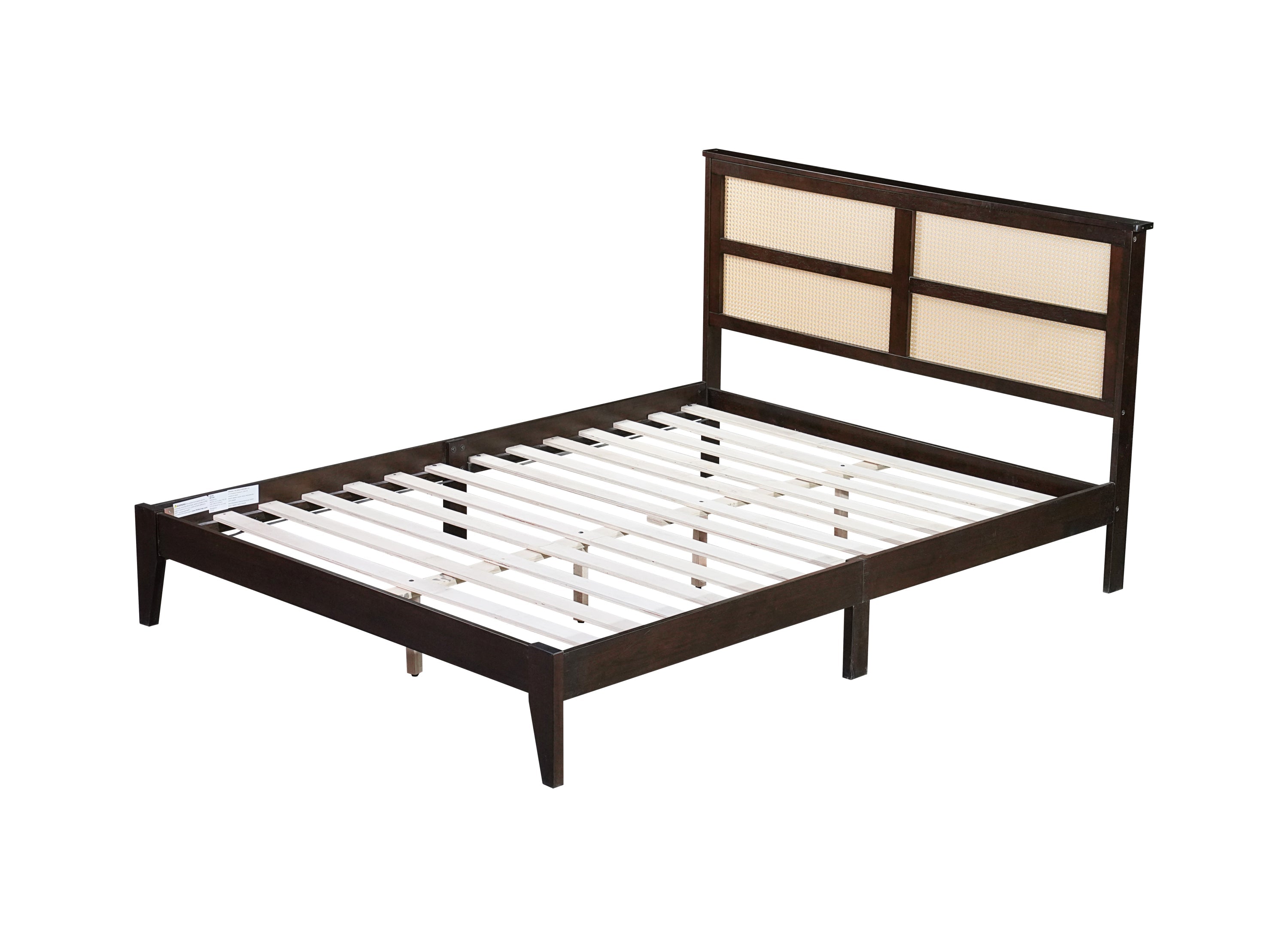 Queen Size Rubber Wooden, Solid Wooden Bed with Rattan Headboard, Enhanced by Support Feet,Espresso