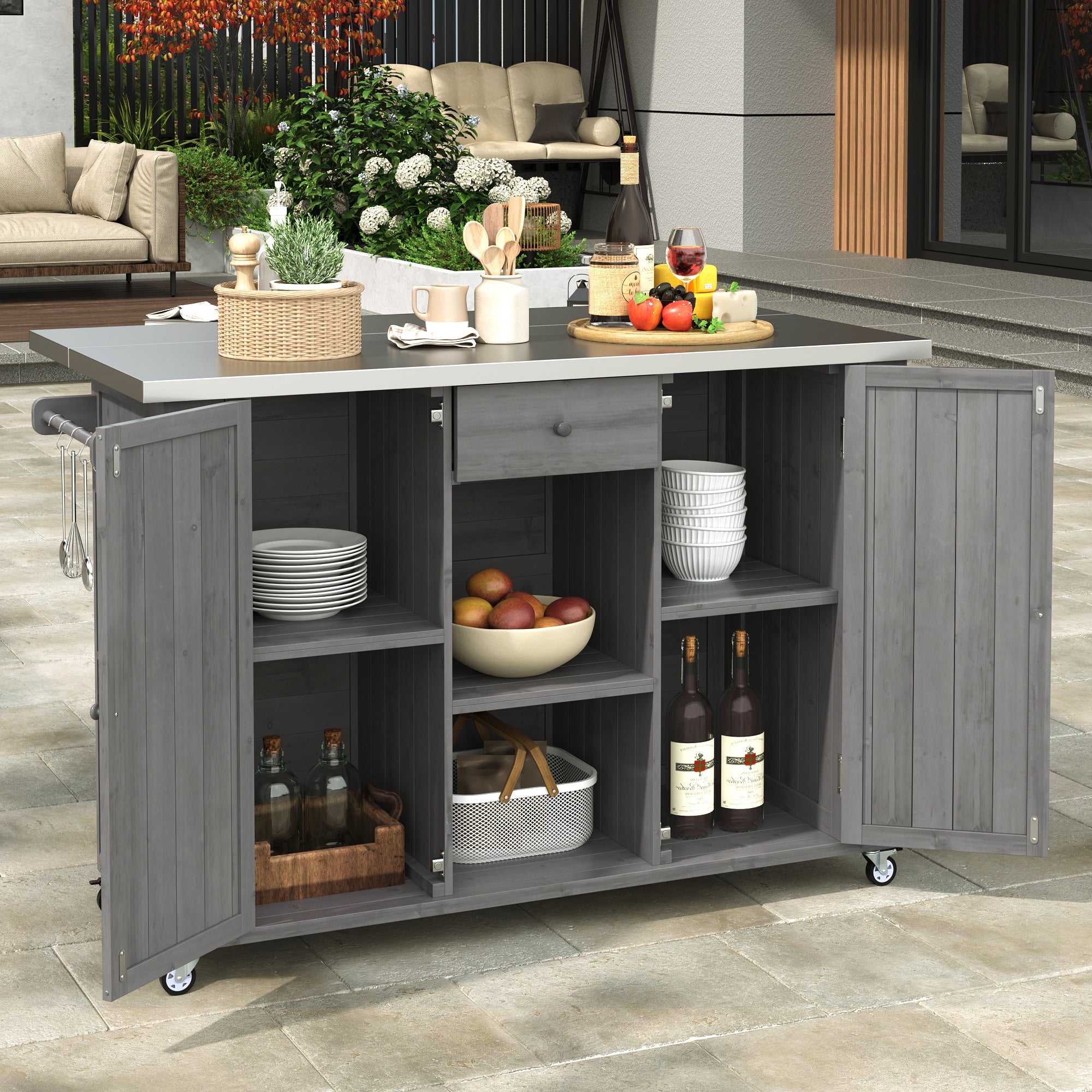 Outdoor Kitchen Island Fir Wood Kitchen Island with Stainless Steel Top, Ample Storage, Towel and Spice Racks, Bottle Opener, Grey