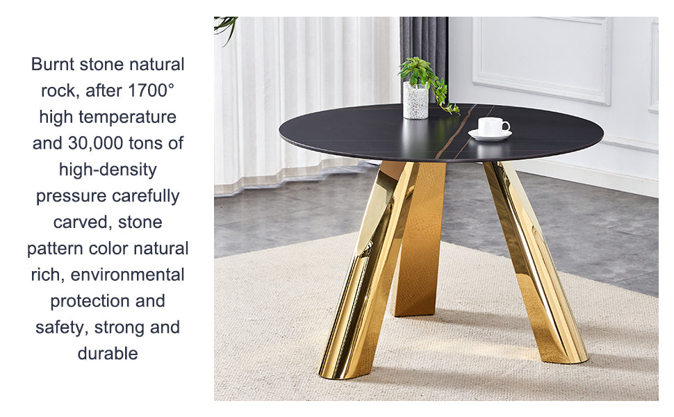 The 42-inch stainless steel gold-plated flamed granite round table with seating for 4 or 6 people is perfect for dining, entertaining, or as a conference table