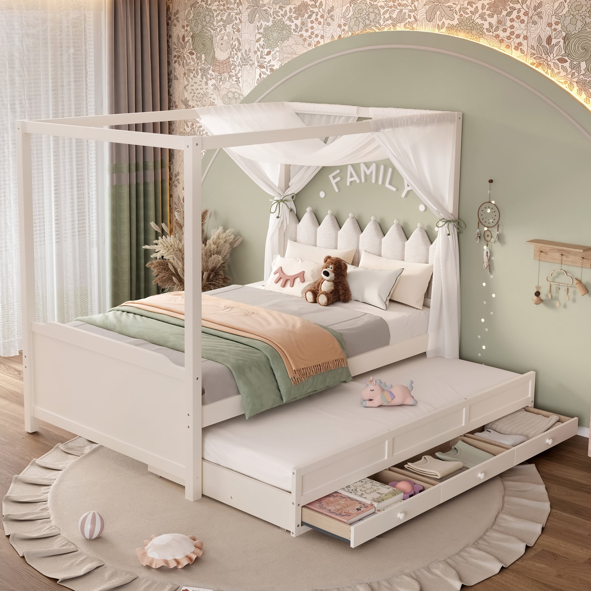 Full Platform Bed with Upholstered Headboard,Twin Size Trundle and 3 Drawers,Princess Canopy Bed Frame for Kids,Storage & Easy Assembly,Beige.