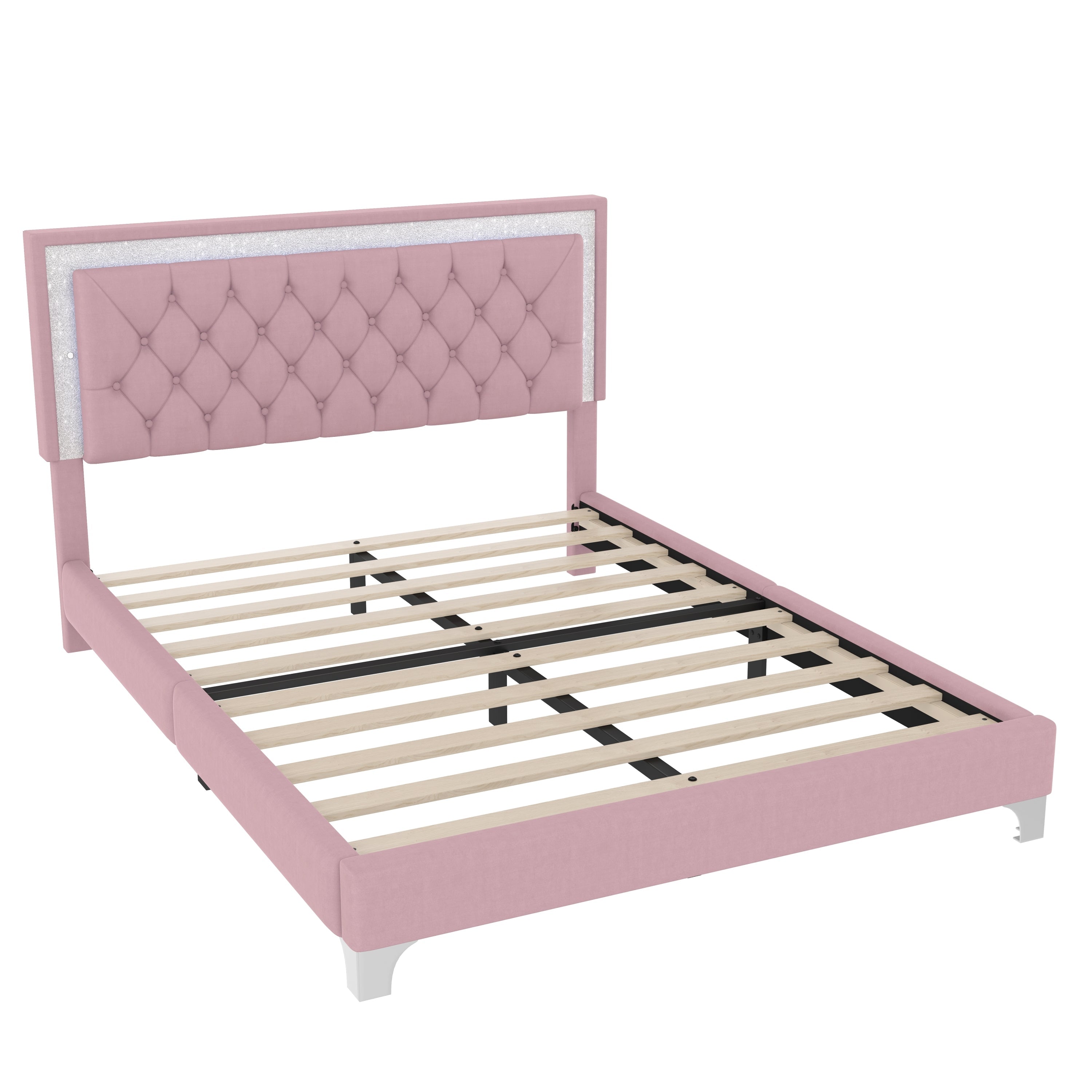 3-Pieces Bedroom Sets,Queen Size Upholstered Platform Bed with LED Lights and Two Nightstands-Pink