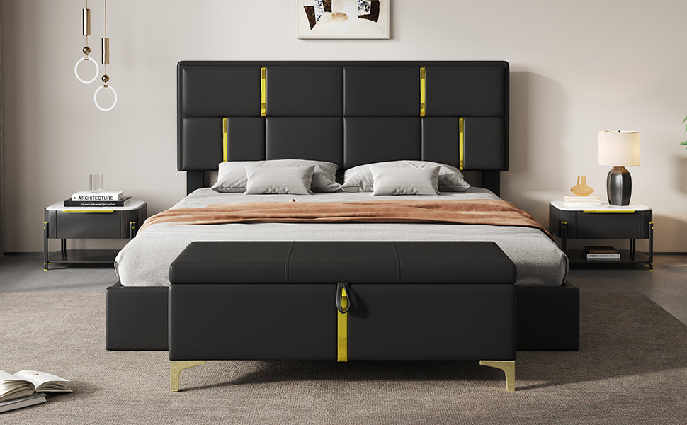2-Pieces Bedroom Sets,Queen Size Upholstered Platform Bed with Hydraulic Storage System,Storage Ottoman with Metal Legs,Black(Old SKU:N733S207778B)