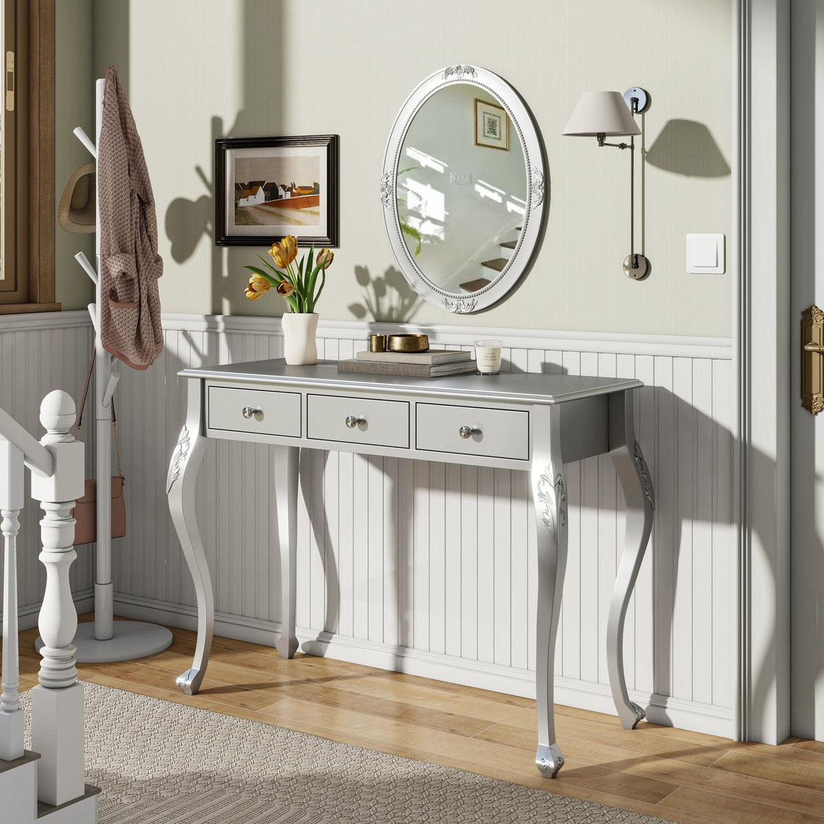 Luxury Makeup Vanity Desk with Oval Mirror, 3-Drawer Dressing Table for Jewelry Storage, Elegant Console Table for Entryway, Living Room & Bedroom, Stylish Home Decor,Silver