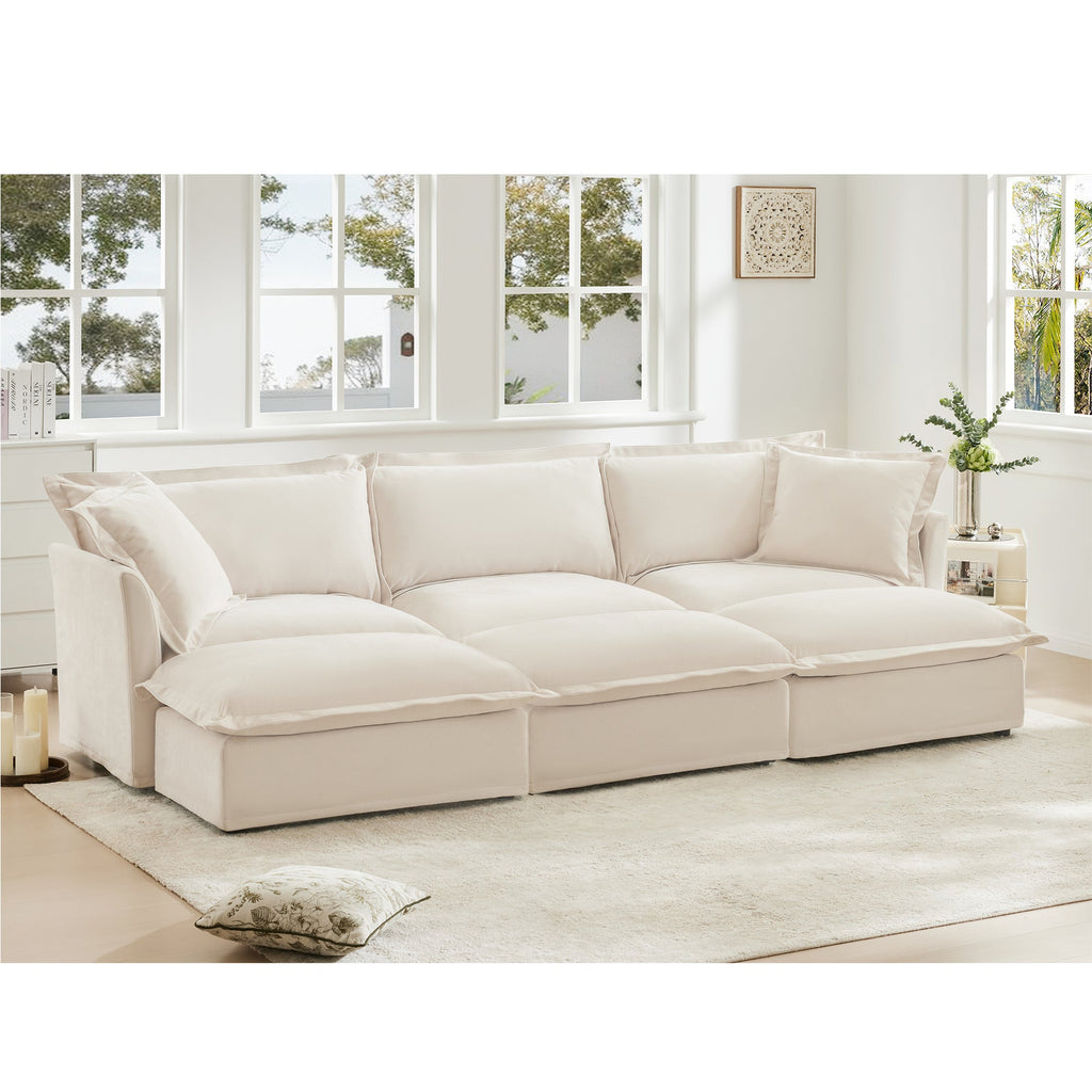 Living Room Sofa Slipcovered Sofa 3 Seater Sofa With 3 Ottomans, Oversized 3-Seat Sleeper Sofa Bed Home Theater Sofa, Chenille, Cream