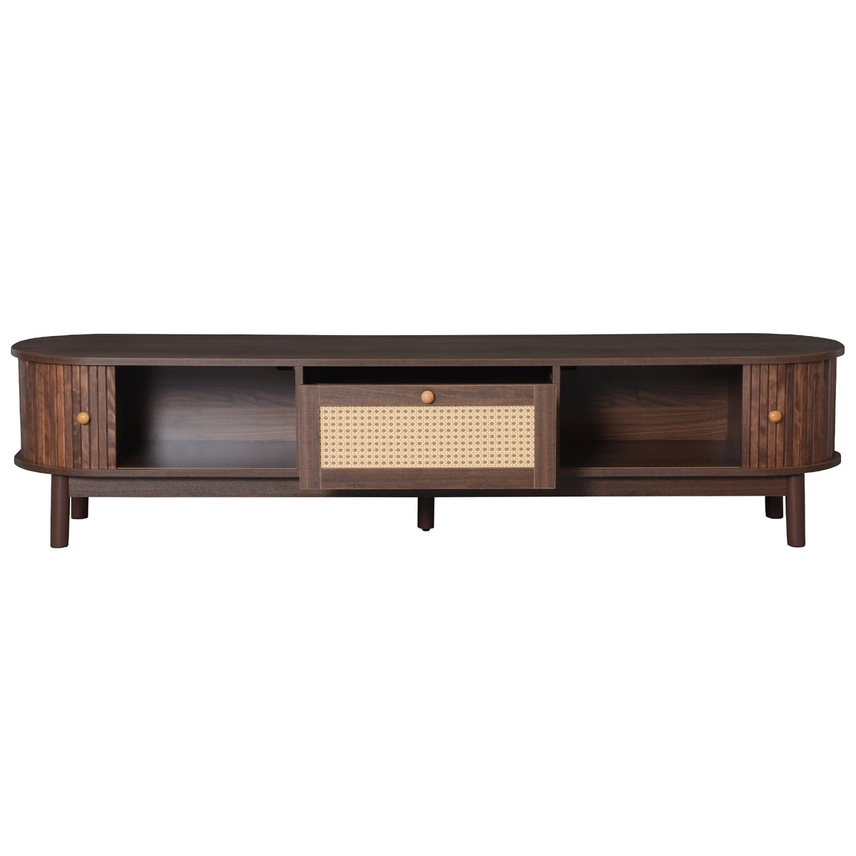 Modern Design TV Stand for 75' TVs, Media Console TV Cabinet with Rattan-Front Drawer for Living Room, 1 Drawer and 2 Sliding-Door Cabinets