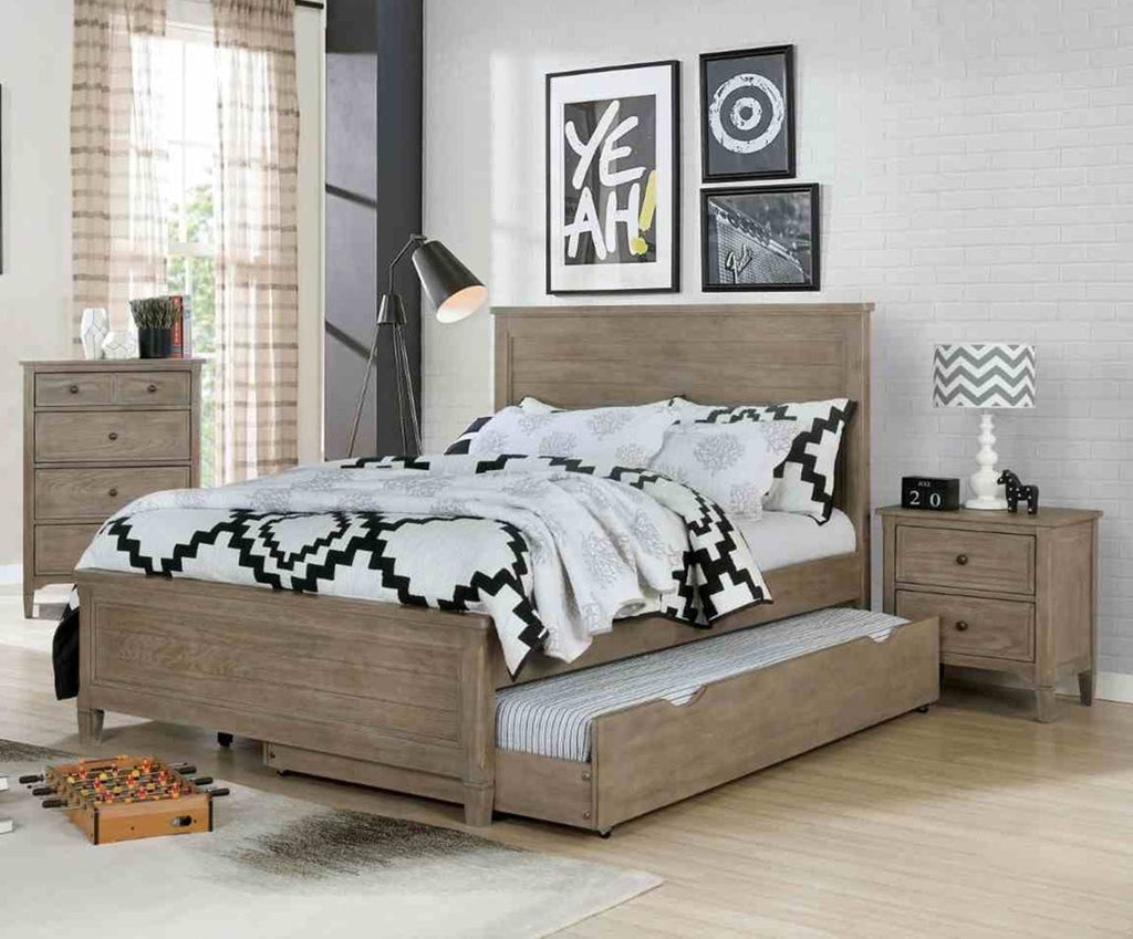 Transitional Full Size Bed w Trundle 2x Nightstands Warm Gray Bedroom Furniture Wood Grain Texture 3pc Set