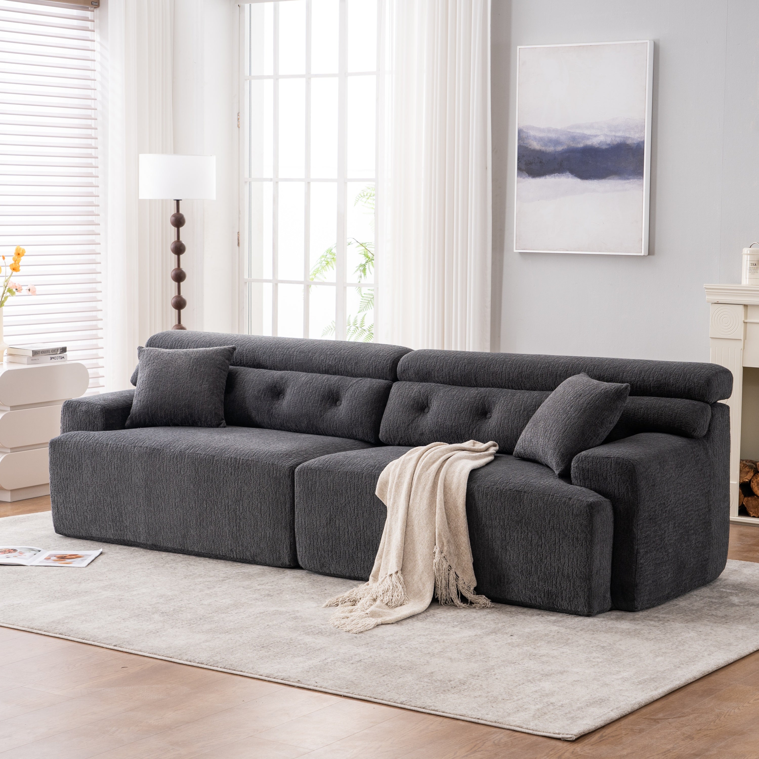 LY-029 GRAY COMPRESSION SOFA: 4-seater combined sofa, Wood Grain Chenille fabric, full sponge compression sofa,combined sofa with 2 pillows  for living/ Home Furniture/ Apartment