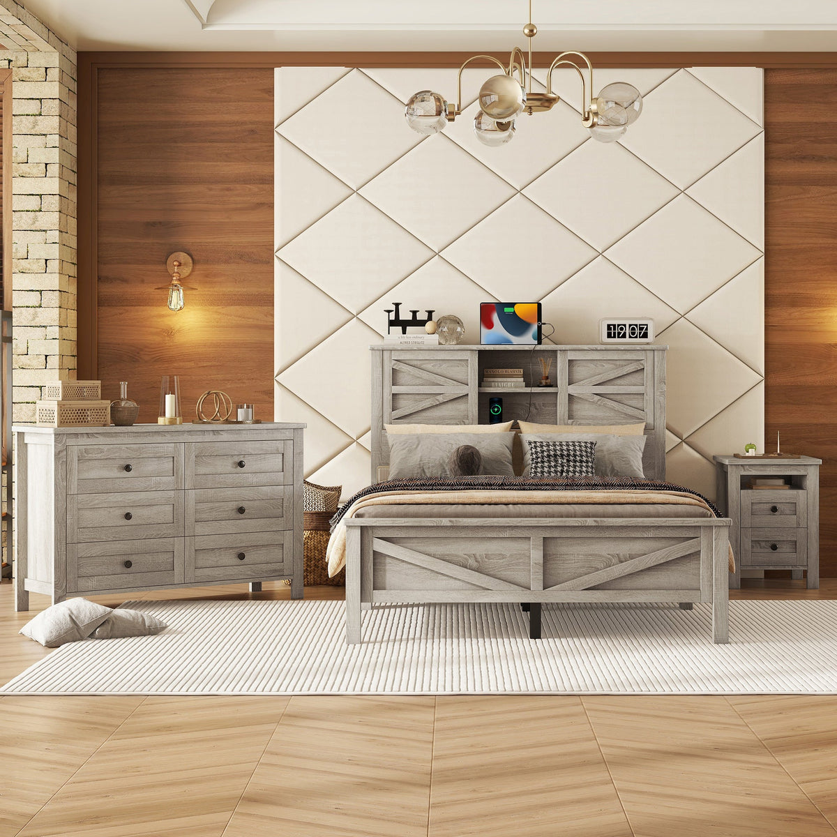 3-Pieces Bedroom Sets Full Size Farmhouse Platform Bed with Double Sliding Door Storage Headboard and Charging Station, Storage Nightstand and Dresser, Antique Gray(Old SKU HL000091AAG)