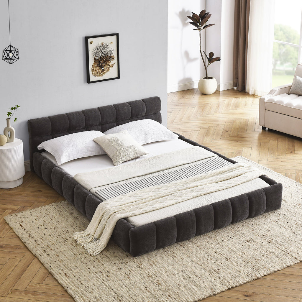 Modern Queen Size Platform Bed Frame with Thick Chenille Fabric in Dark Grey, Upholstered with Headboard
