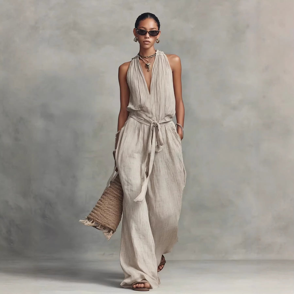 Lace-Up Sleeveless Straight-Leg Jumpsuit | Cotton-Blend