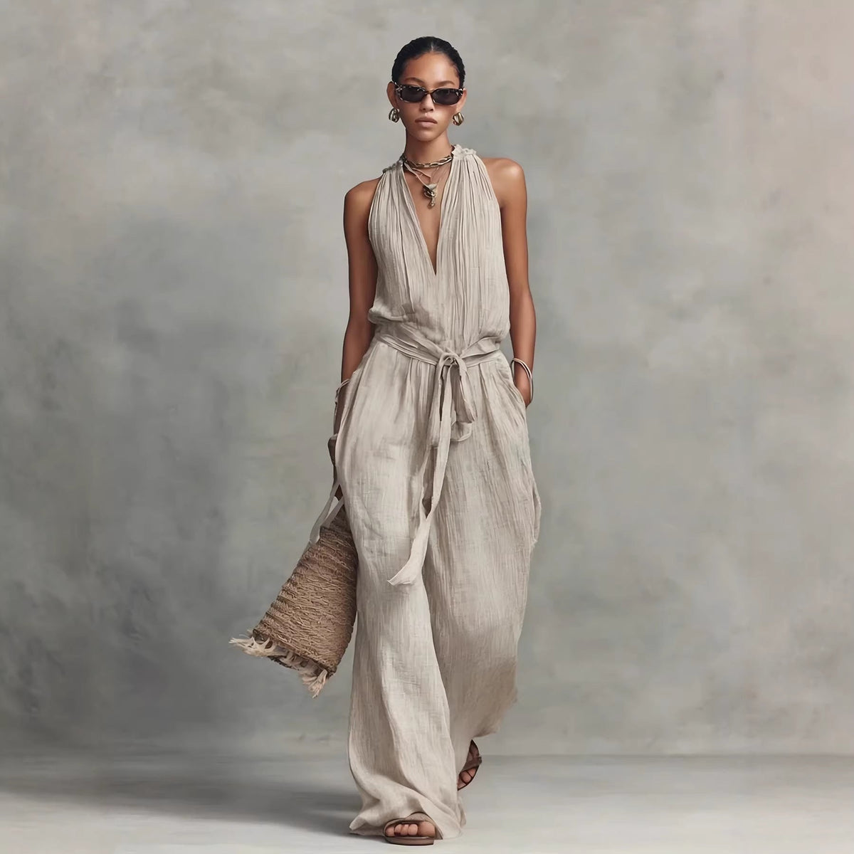 Lace-Up Sleeveless Straight-Leg Jumpsuit | Cotton-Blend