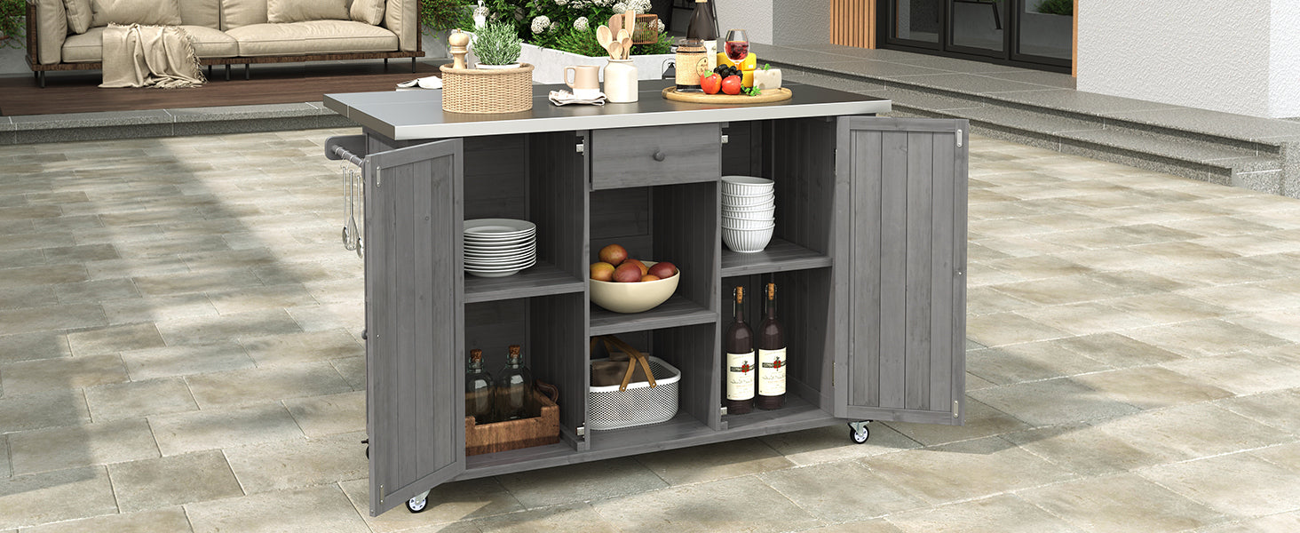 Outdoor Kitchen Island Fir Wood Kitchen Island with Stainless Steel Top, Ample Storage, Towel and Spice Racks, Bottle Opener, Grey