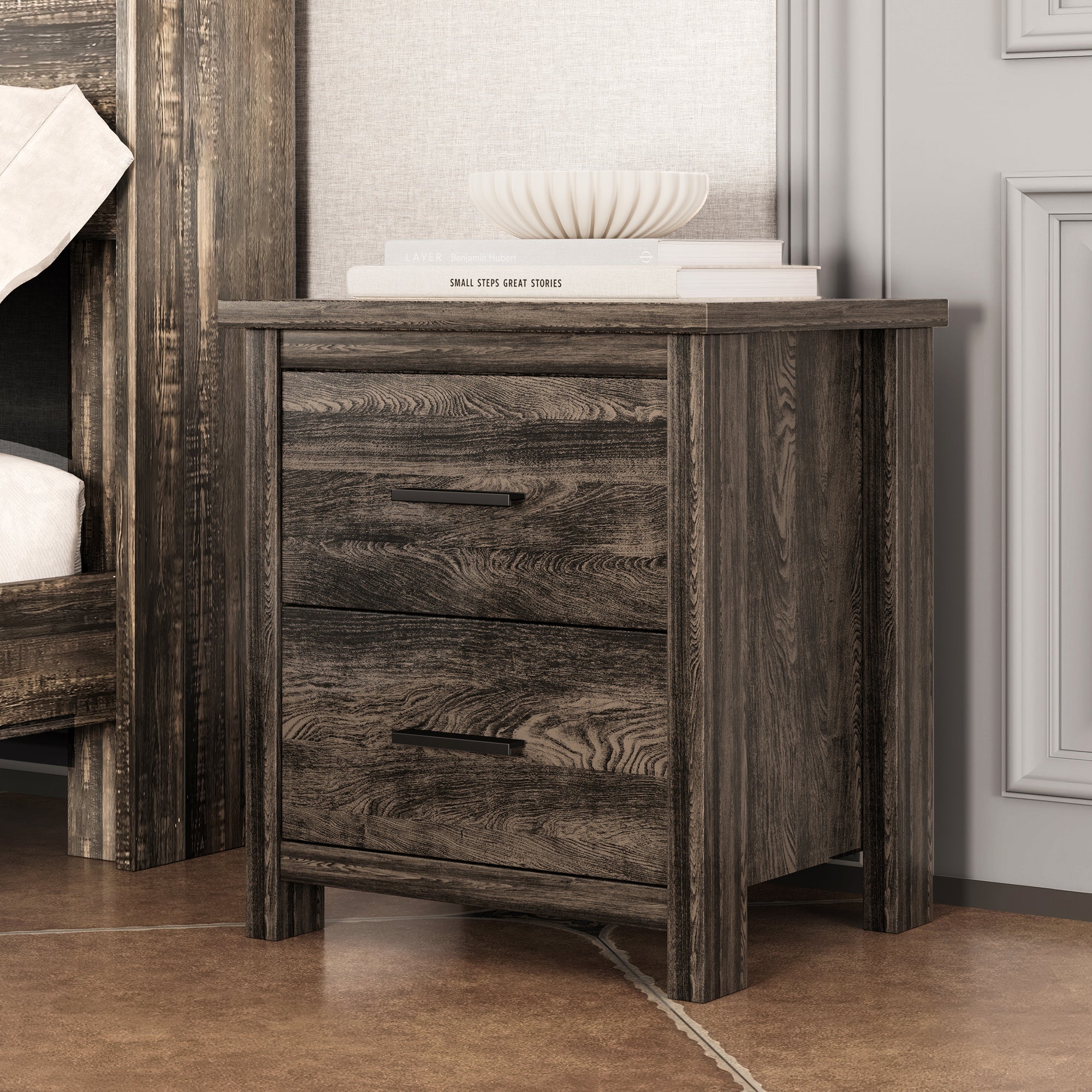 4PCS Bedroom Sets, Wooden Queen Size Bed Frame with Storage Headboard and Charging Station, 2 Nightstands with 2 Drawers, 1 Dresser with 5 Drawers, Antique Gray