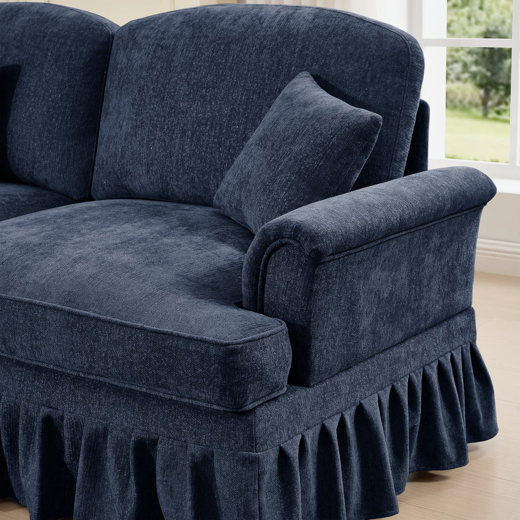 Elegant Mid Century Large 3 Seater Sofa Couch with Flared Arms and Removable Ruffles Pleats Skirts and Spindle Legs, Comfy Chenille Three-Seat Sofa for Living Room, Blue