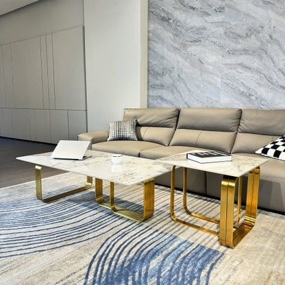 LuneluX_Home – Modern Sintered Stone Coffee Table Set with Gold Frame
