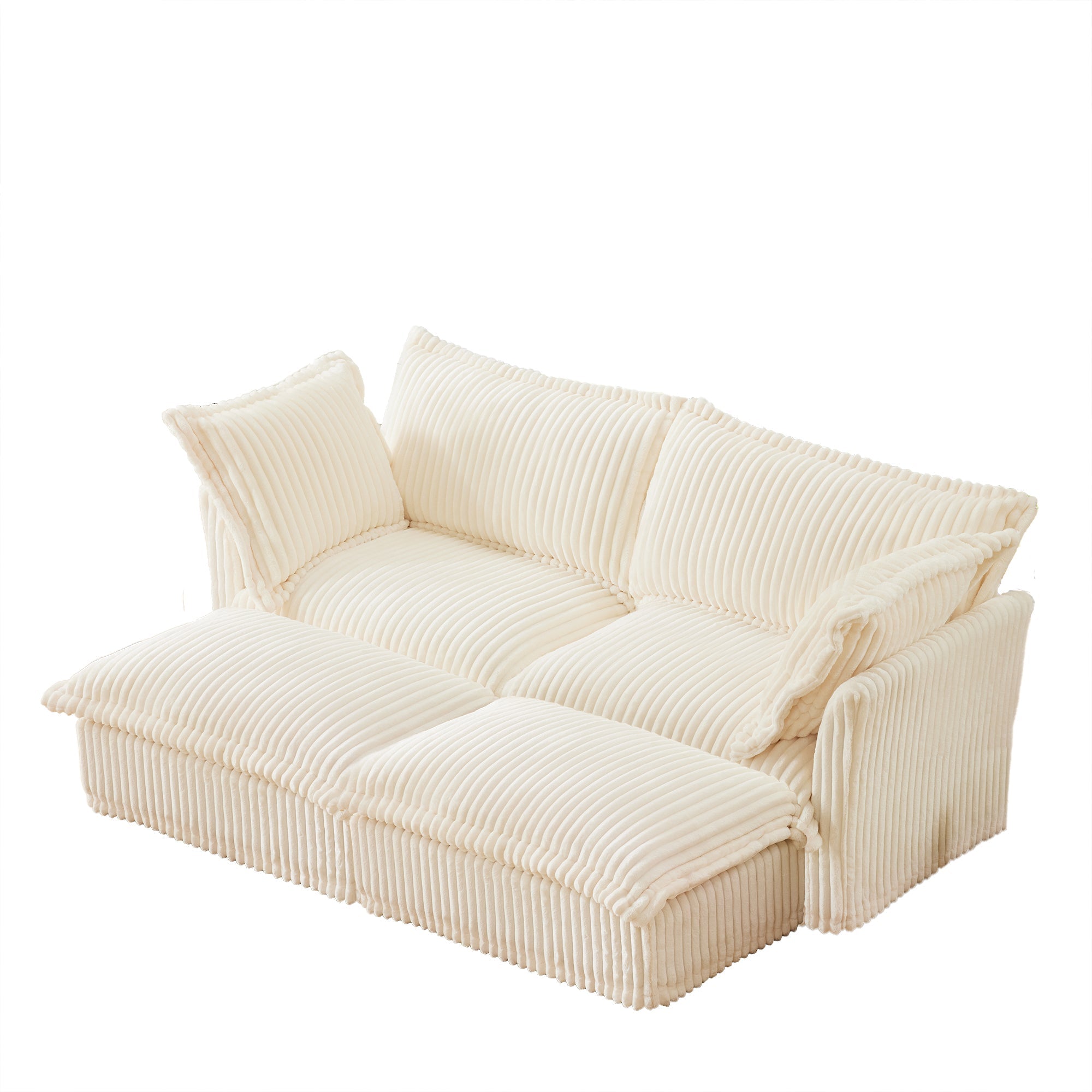 Slipcovered Sofa 2 Seater Sofa    With 2 Ottomans, 2 Seater Sleeper Sofa Bed Home Theater Oversized Sofa For Living Room, Corduroy, Cream