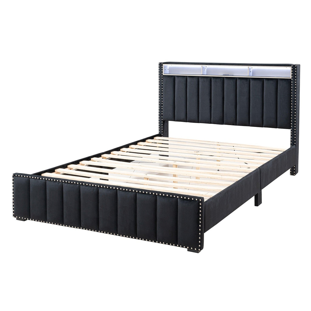 Queen Size Bed And 2x Nightstands Bedroom Furniture Luxury Look Black Fabric Upholstered Bedframe w LED Nailhead Trim 3pc Bedroom Set