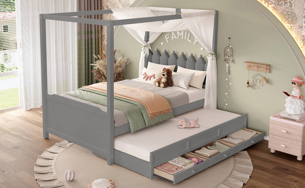 Full Platform Bed with Upholstered Headboard,Twin Size Trundle and 3 Drawers,Princess Canopy Bed Frame for Kids,Storage & Easy Assembly,Gray.