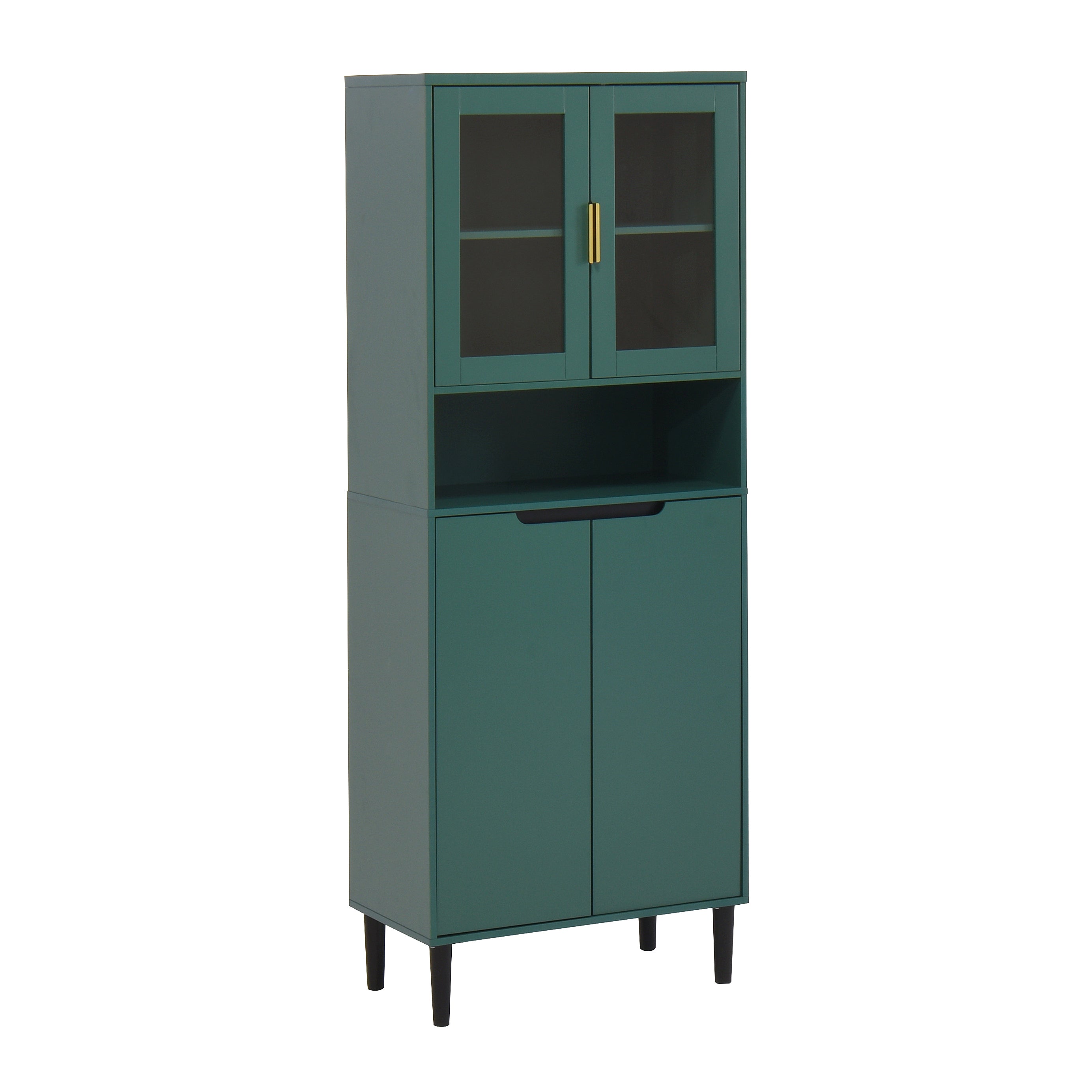 Tall Storage Bookcase with 2 Glass Display Door & 2 Doors, Tall Kitchen Pantry Cabinet with Gold Handles, Modern Cabinet Freestanding Living Room Green