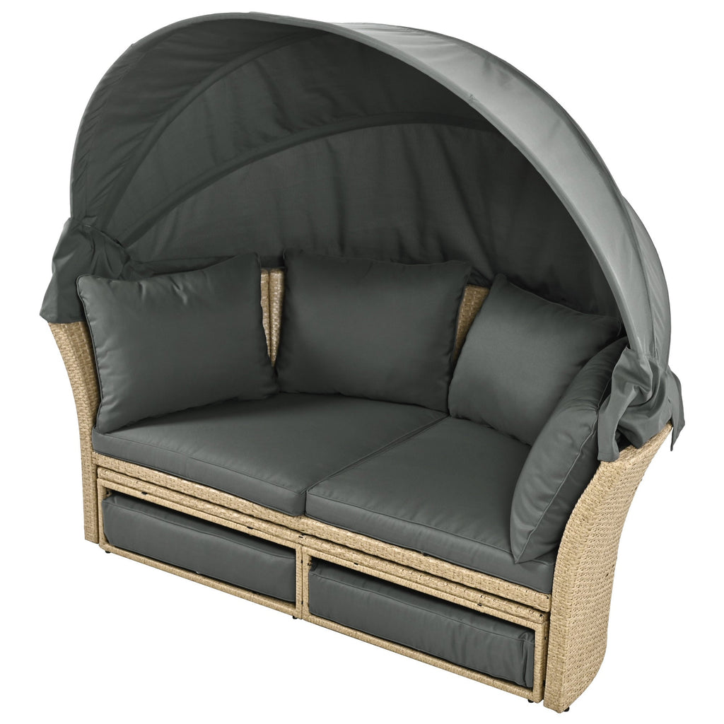 Outdoor Patio Daybed Wicker Rattan Double Daybed with Retractable Canopy, Grey, Polyester Upholstery, 71.7 x 63.4 x 62.2 inches