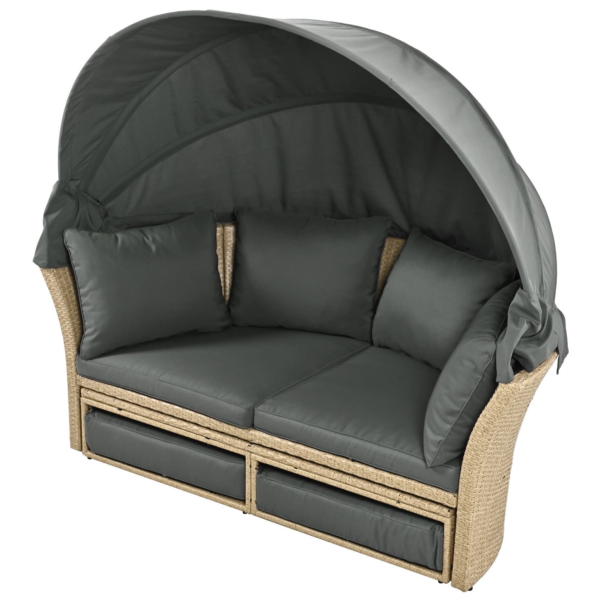 Outdoor Patio Daybed Wicker Rattan Double Daybed with Retractable Canopy, Grey, Polyester Upholstery, 71.7 x 63.4 x 62.2 inches