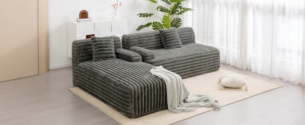 Cloud Sectional Sofa Upholstered Couch with Free-combined Design in Dark Gray Faux Rabbit Fur, 110'