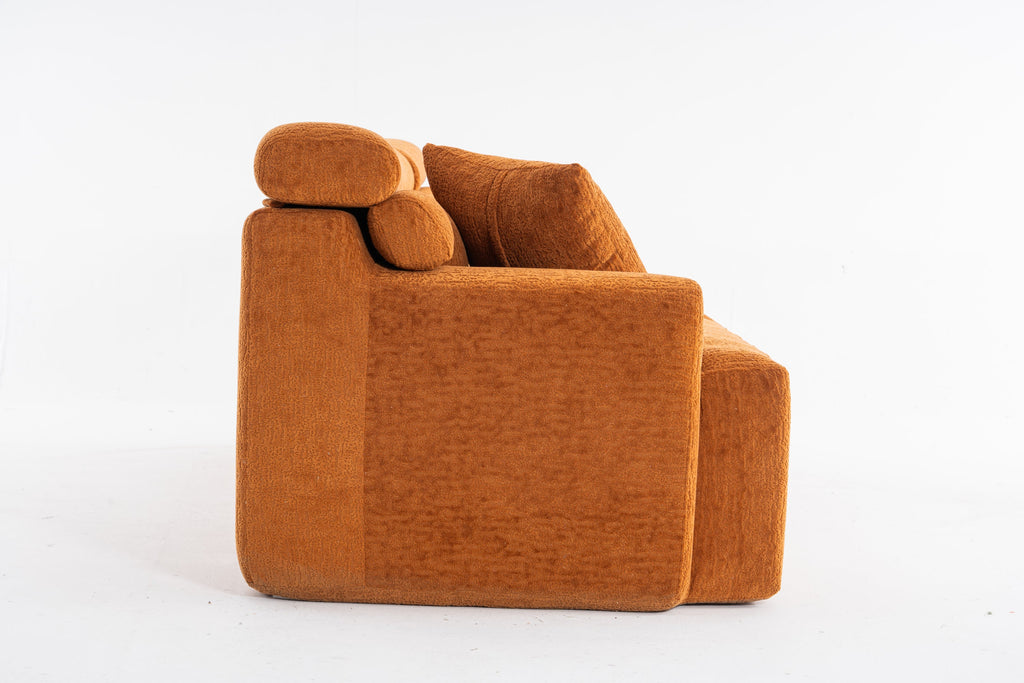 LY-029 Reconfigurable 4-Seater Sectional Sofa with Wood Grain Chenille Fabric, Amber Orange Modular Sofa with 2 Pillows, High-Density Sponge Couch for Living Room & Apartment