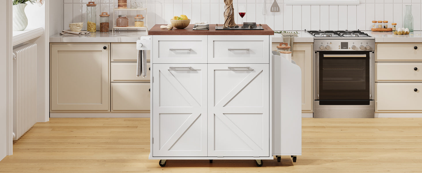 K&K 47.2' Farmhouse Kitchen Island with Drop Leaf, Kitchen Storage Island with Removable Side Racks, Two Drawers, Rolling Kitchen Cart on Wheels with Towel Rack, for Home, Kitchen, Dining Room, White