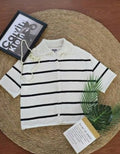 Women’s Knit Button Cardigan with Striped Short Sleeves