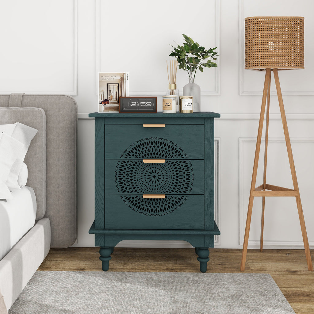 Blackish Green Hollow-Carved 3-Drawer Dresser with Metal Handles, MDF Storage Chest for Living Room or Bedroom