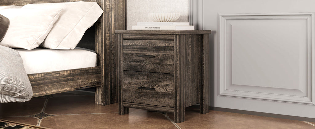 4PCS Bedroom Sets, Wooden Queen Size Bed Frame with Storage Headboard and Charging Station, 2 Nightstands with 2 Drawers, 1 Dresser with 5 Drawers, Antique Gray