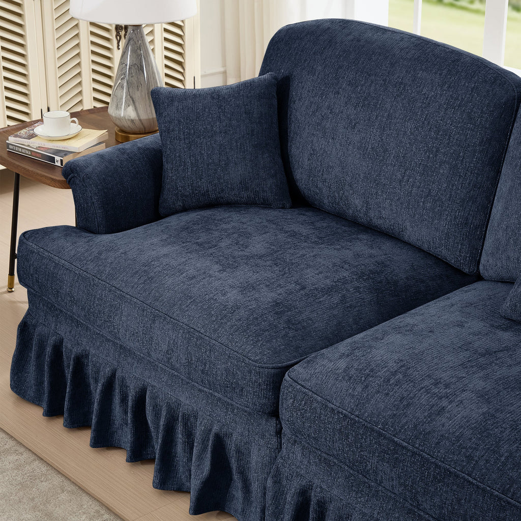 Elegant Mid Century Large 3 Seater Sofa Couch with Flared Arms and Removable Ruffles Pleats Skirts and Spindle Legs, Comfy Chenille Three-Seat Sofa for Living Room, Blue