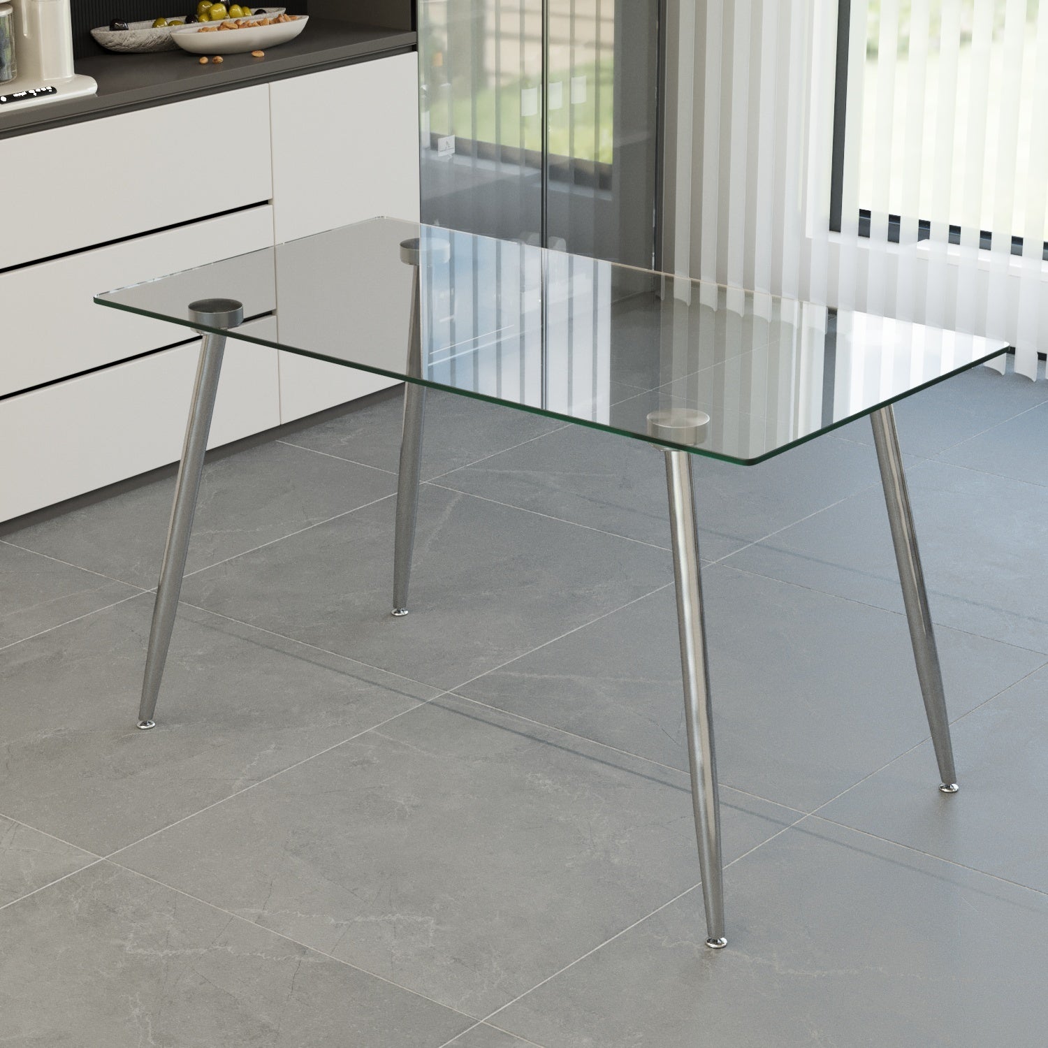 Glass Dining Table, Modern Rectangular Table with Tempered Glass Tabletop & Sliver metal Legs, Simplistic Kitchen Table, Versatile Table for Home Office (0 damage)