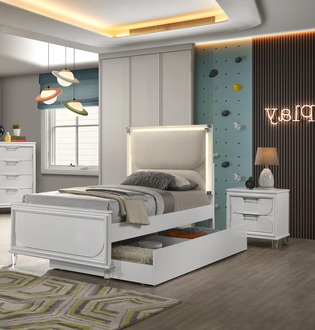 Contemporary Glam Pearl White Full Size Bed W Trundle 2x Nightstands Embossed Panel 3pc Bedframe Bedroom Furniture