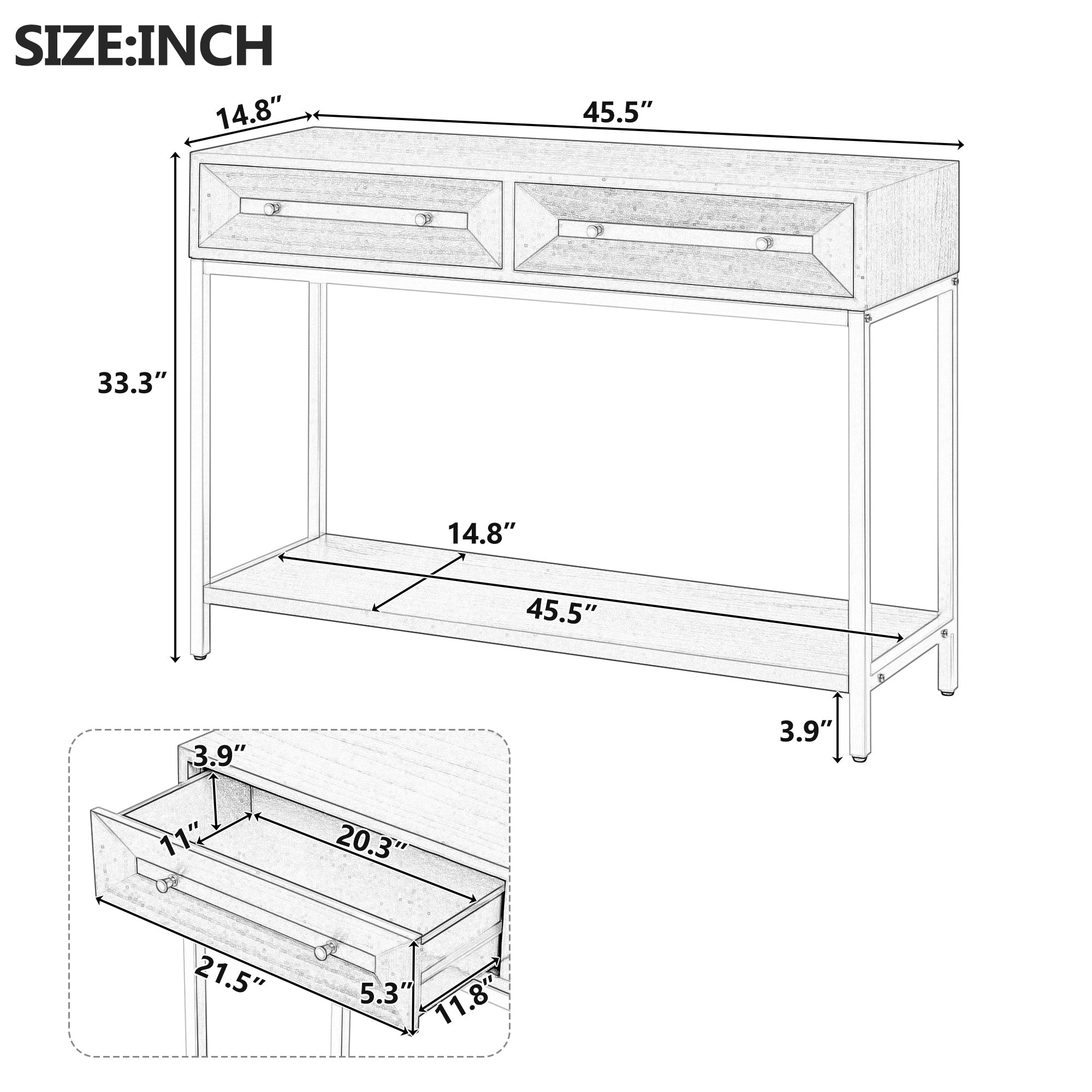TREXM Entryway Table, Console Table with Two Drawers, Retro Hallway Table with Striking Geometric Design for Entryway and Living Room (Black)