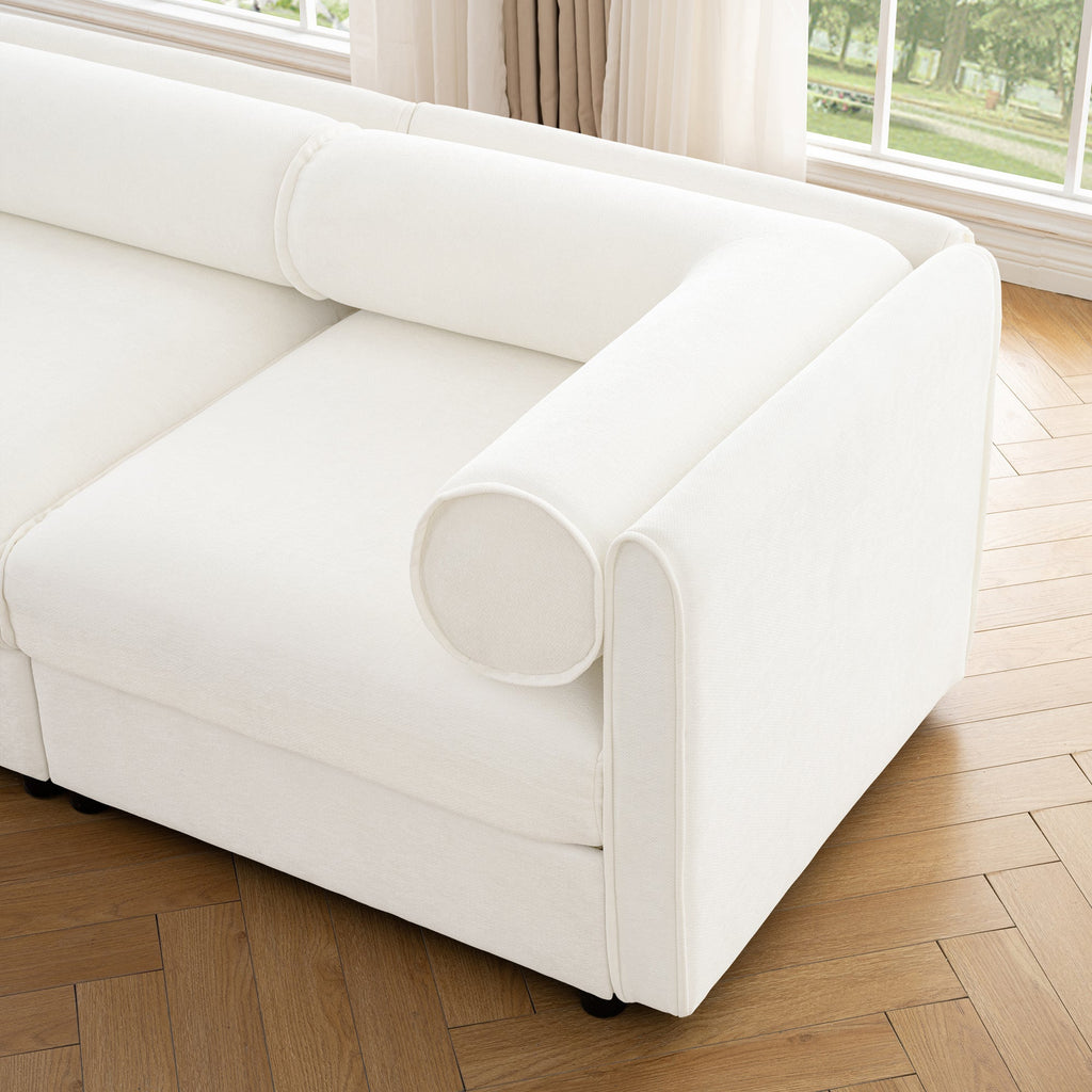 Stylish White Chenille 2-Seater Sofa with 2 Ottoman Storage Seat, Cylindrical Backrest and Armrests, Modern Fabric Loveseat Featuring Hidden Storage Space