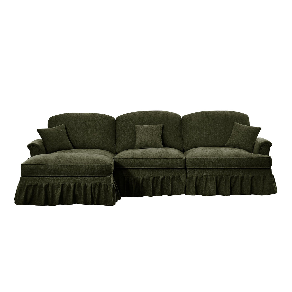 Mid Century Three Seater Modular L Shaped Sectional Couch with Flared Arms and Removable Ruffles Pleats Skirts and Spindle Legs, Comfy Chenille 3-Seat Deep Seat Sofa with Movable Ottoman,Green