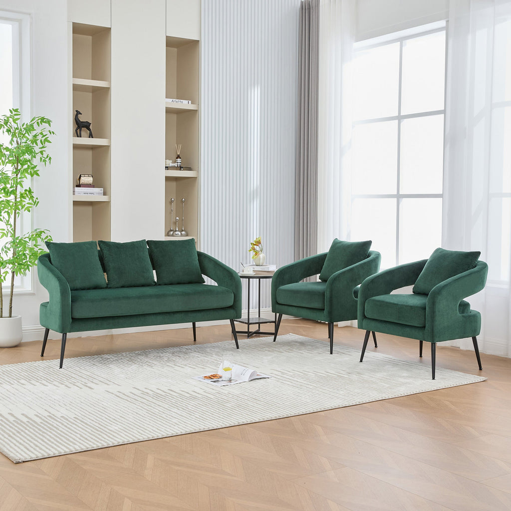 Mid Century Modern 3-Piece Velvet Upholstered Sofa Set with Metal Legs, Green, Loveseat & 2 Accent Chairs for Small Living Spaces