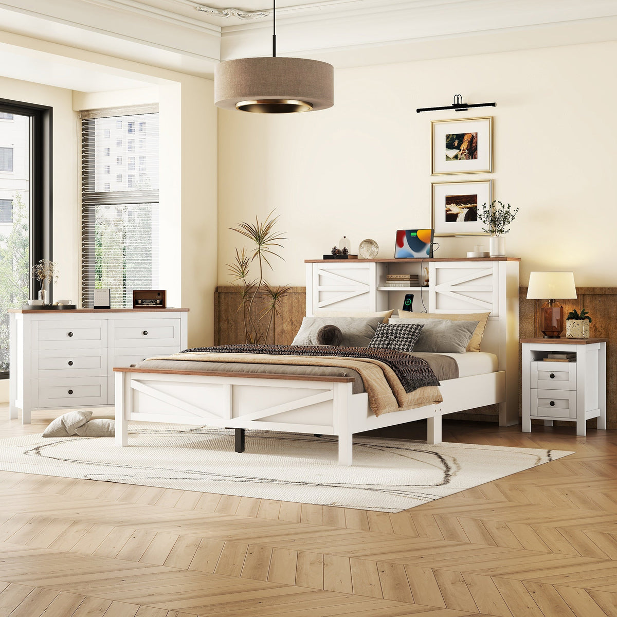 3-Pieces Bedroom Sets Queen Size  Farmhouse Platform Bed with Double Sliding Door Storage Headboard, Storage Nightstand and Dresser, White+Brown(Old SKU HL000092AAK)