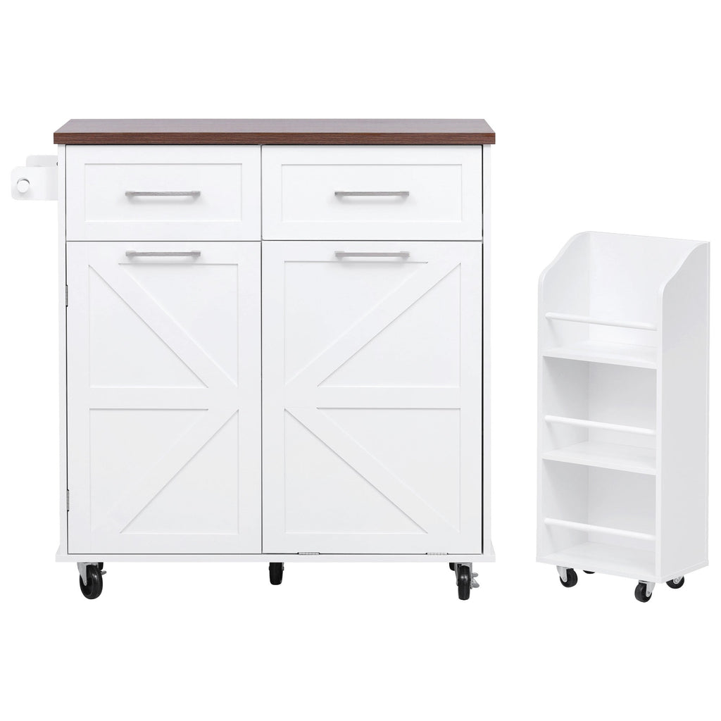 K&K 47.2' Farmhouse Kitchen Island with Drop Leaf, Kitchen Storage Island with Removable Side Racks, Two Drawers, Rolling Kitchen Cart on Wheels with Towel Rack, for Home, Kitchen, Dining Room, White