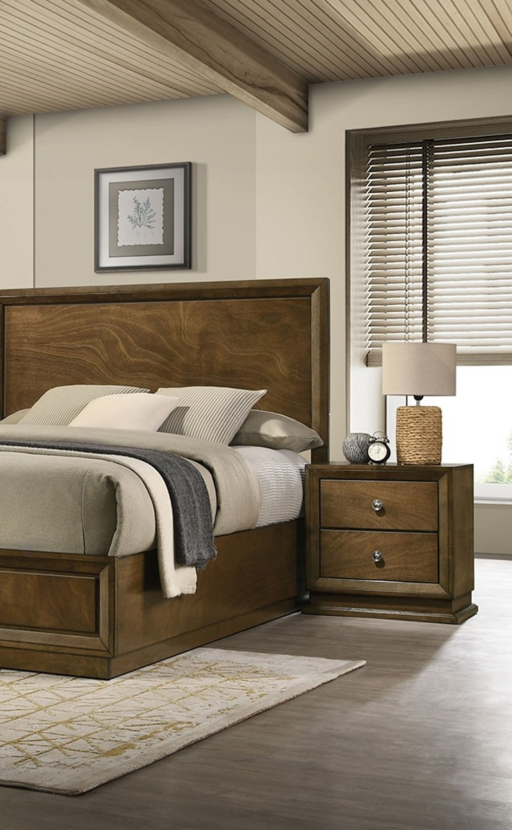 Walnut Color Transitional Style Twin Size Bed 2x Nightstands 3pc Set Bedroom Furniture Metal Knobs