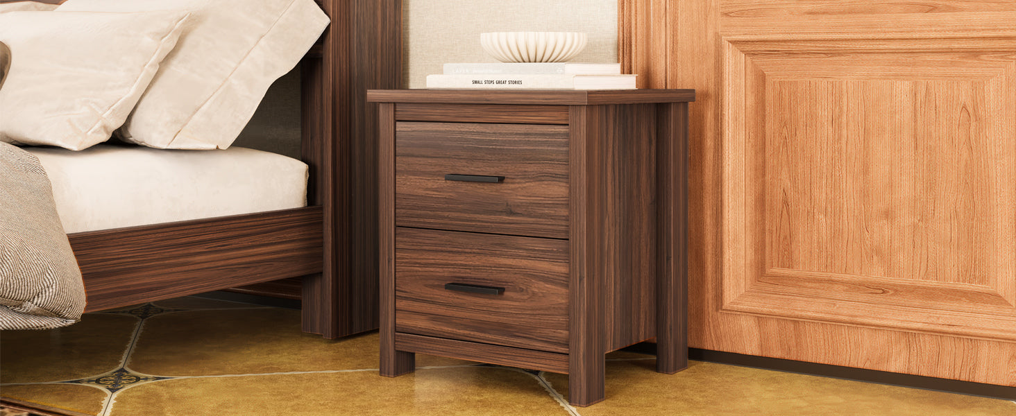 4PCS Bedroom Sets, Wooden Queen Size Bed Frame with Storage Headboard and Charging Station, 2 Nightstands with 2 Drawers, 1 Dresser with 5 Drawers, Walnut(old SKU HL000102AAD)