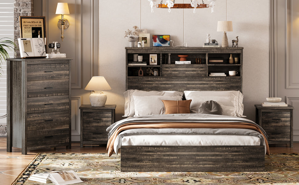 4PCS Bedroom Sets, Wooden Queen Size Bed Frame with Storage Headboard and Charging Station, 2 Nightstands with 2 Drawers, 1 Dresser with 5 Drawers, Antique Gray