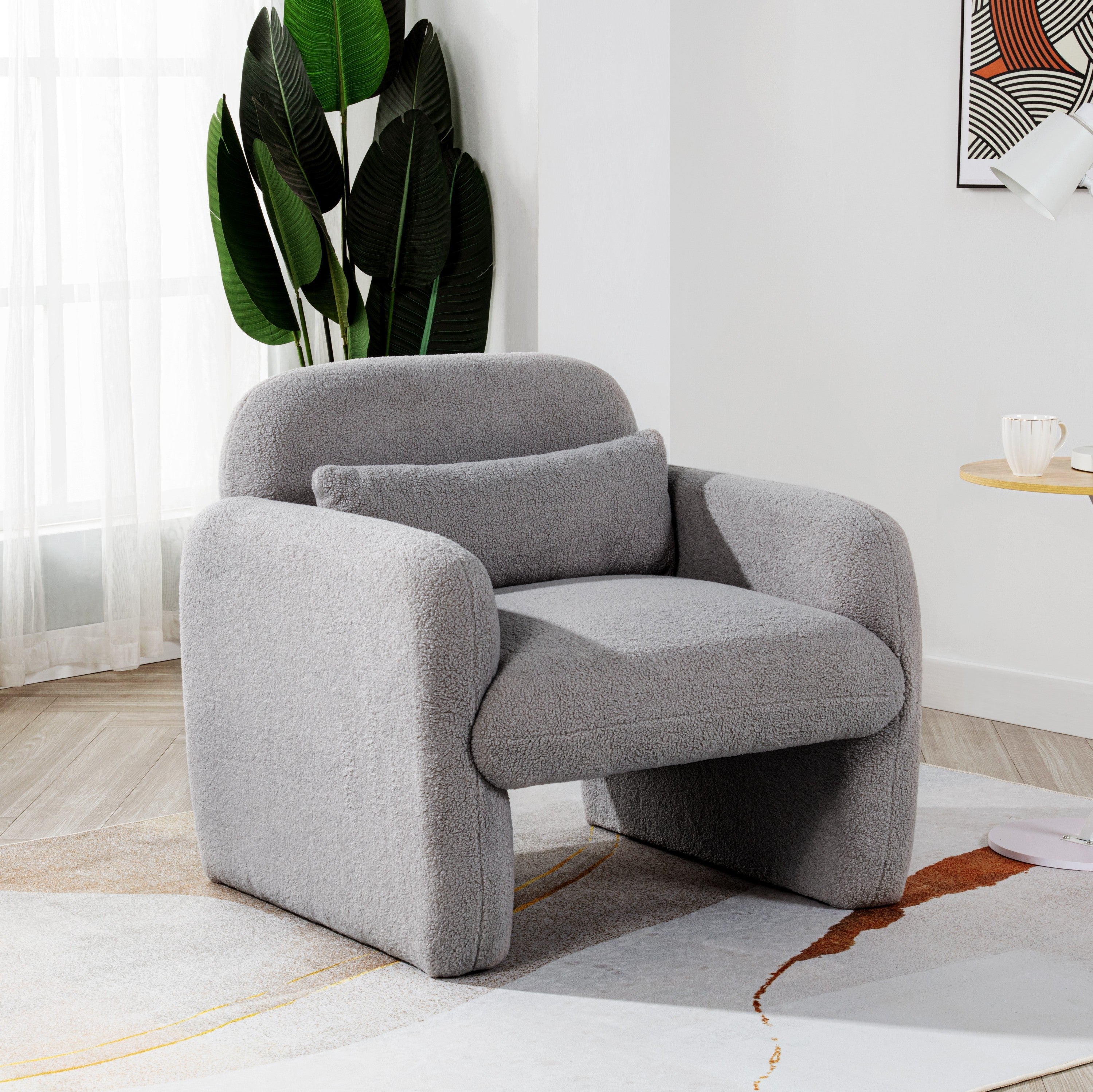 Stylish and Minimalist Teddy Fleece Single Sofa Chair with Arms and Pillow, Armchair, Accent Chair for Living Room, Bedroom, Study,Grey